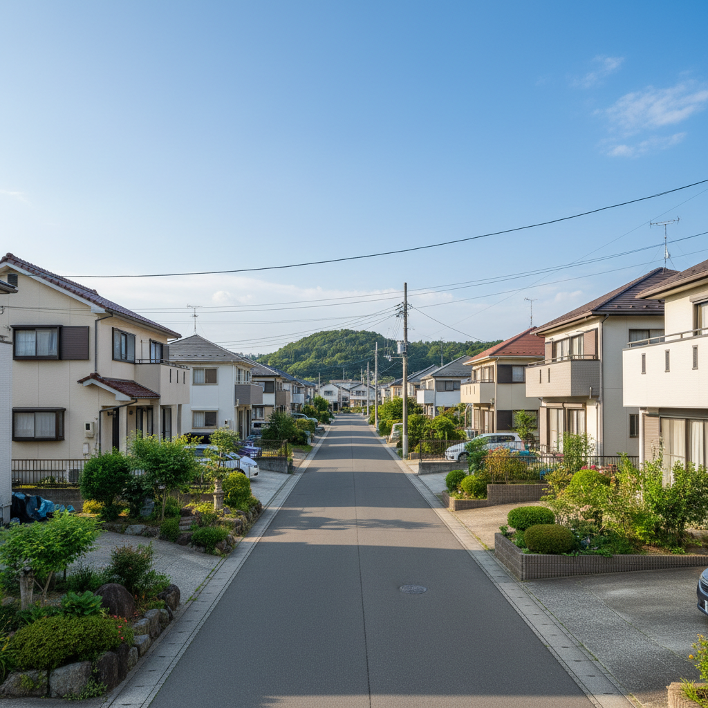 A bright, realistic streetscape of a quiet residential neighborhood in Tagawa City, Fukuoka, featuring well-maintained two-story detached houses with light-colored exterior walls, tiled roofs, and small tidy gardens. Overhead, simple utility lines run along the street, and a distant green hillside hints at the surrounding nature. The asphalt road is clean and gently curves into the background. Captured on a clear afternoon with soft, even natural light that minimizes harsh shadows, the mood is calm, safe, and livable. Shot from a slightly elevated angle with deep focus, in clean photographic realism, to showcase the appeal of the local area for buyers considering property in this region.