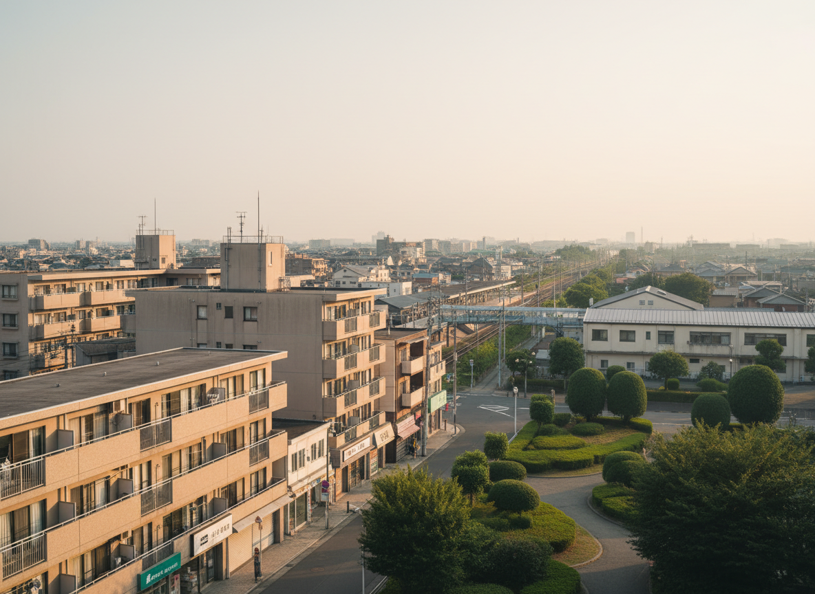 An elevated, wide-angle photographic view of a mixed-use area in Tagawa City, Fukuoka, showing low- to mid-rise apartment buildings, a small commercial street with understated signage, and a nearby green space with carefully trimmed trees. The Chikuho coal line railway tracks and a distant station-like structure are subtly visible, hinting at convenient transport access without focusing on specific names or logos. The scene is lit by diffused late-afternoon light under a slightly hazy sky, creating a calm, realistic atmosphere. The composition uses the rule of thirds, with sharp focus throughout, to convey a balanced impression of everyday life, convenience, and livability in the region’s neighborhoods.