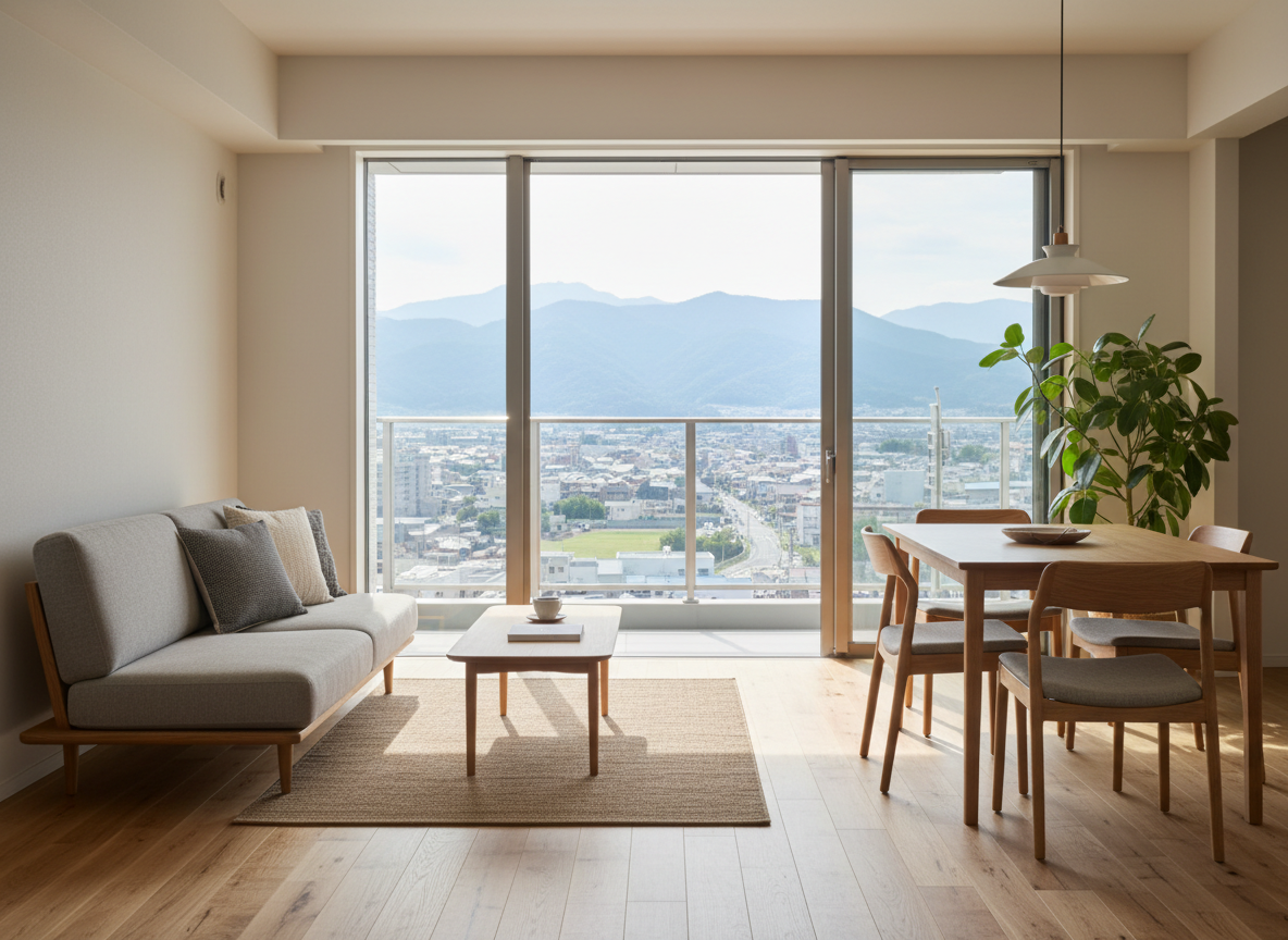 A meticulously staged modern Japanese living-dining space inside a Tagawa City condominium, with light oak flooring, a low-profile fabric sofa in neutral gray, and a simple rectangular dining table with four chairs. A large sliding glass door opens to a small balcony, where a subtle city view and distant mountains are visible in soft focus. Afternoon sunlight streams in, creating warm highlights on the floor and gentle shadows under the furniture. The composition is shot at eye level with moderate depth of field, emphasizing openness, cleanliness, and practicality. The photographic style is crisp and realistic, designed to help potential buyers imagine themselves living comfortably in a local property handled by a professional real estate firm.